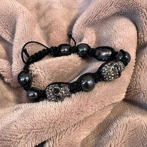 GOTHIC Chunky Silver Skull and Black Beaded Bracelet with Crystals